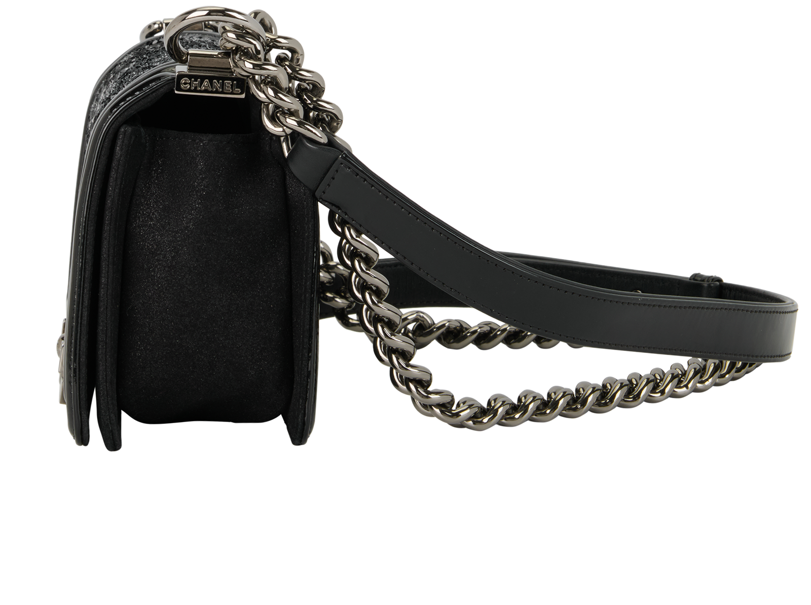 Sequin Plaid Small Boy, &pound;2,200, Handbags, Black, Patent Leather/Suede, Bottom view